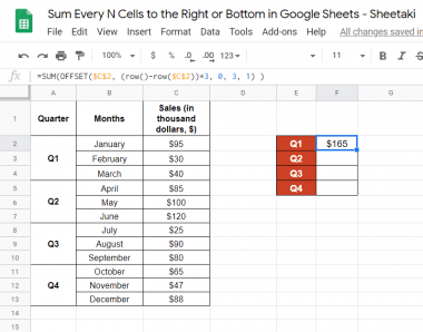 How to Sum Every N Cells to the Right or Bottom in Google Sheets