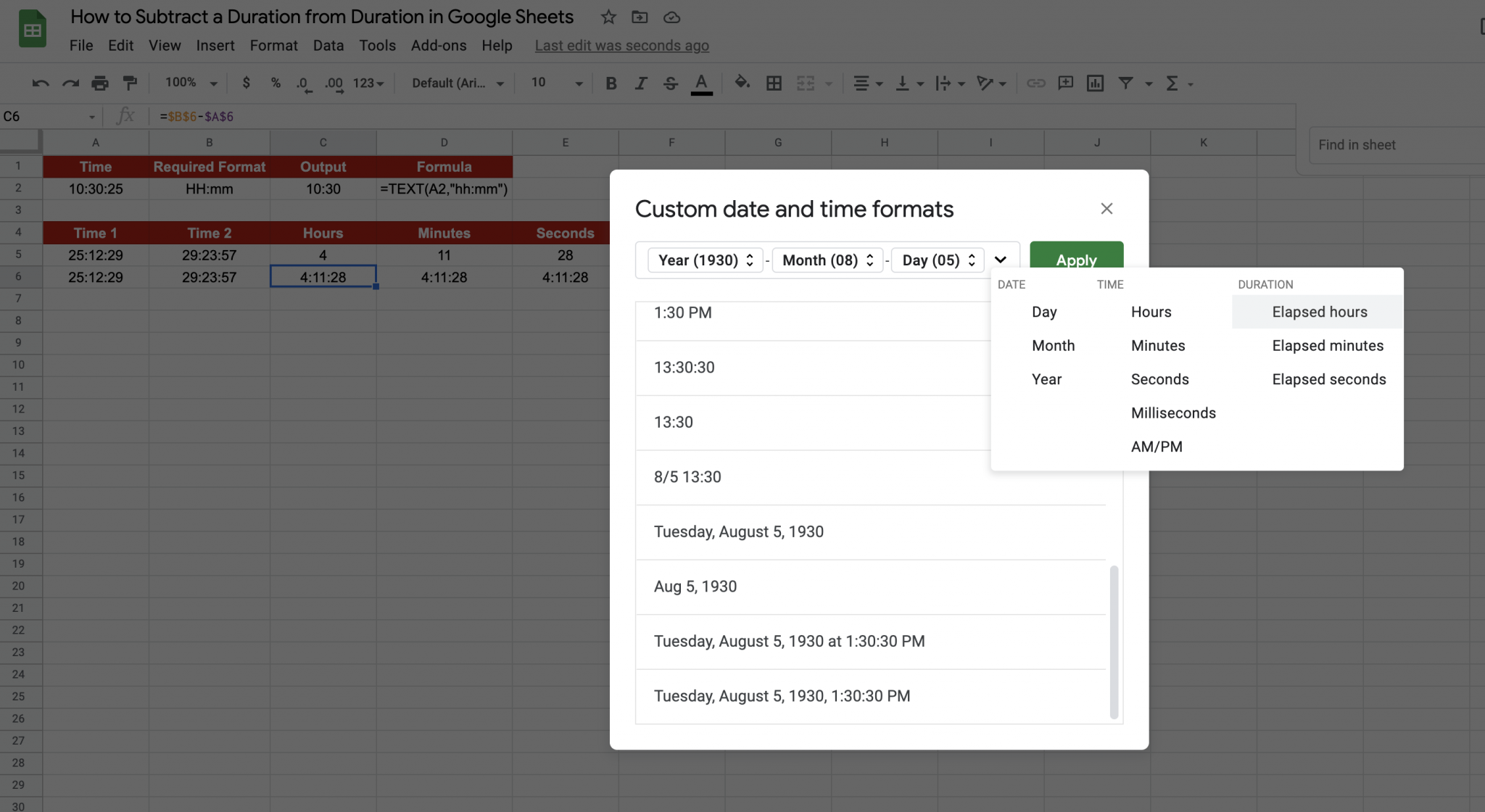 How to Subtract a Duration from Duration in Google Sheets