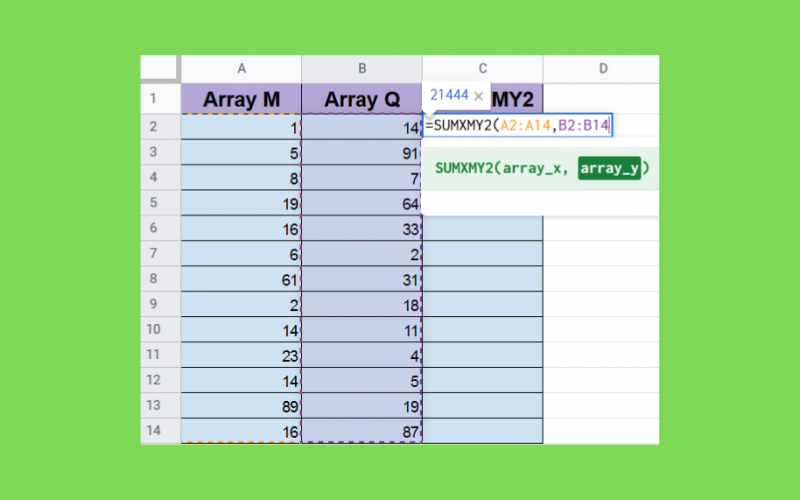 SUMXMY2 Function in Google Sheets