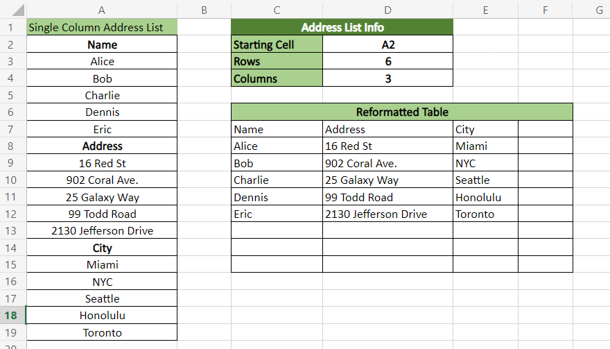 transpose address list in Excel