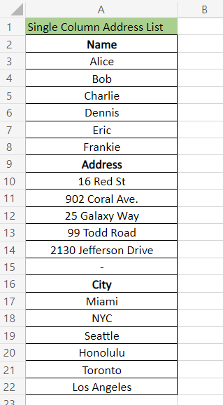 example of a single-column address list
