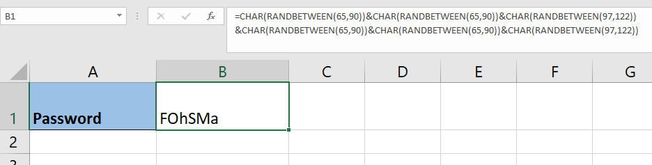 Use different ranges to have different types of characters in your random password in Excel