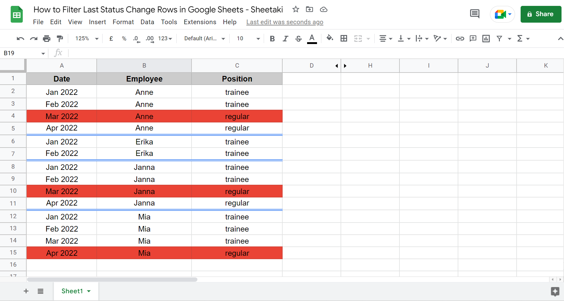 A sample of highlighted status change rows