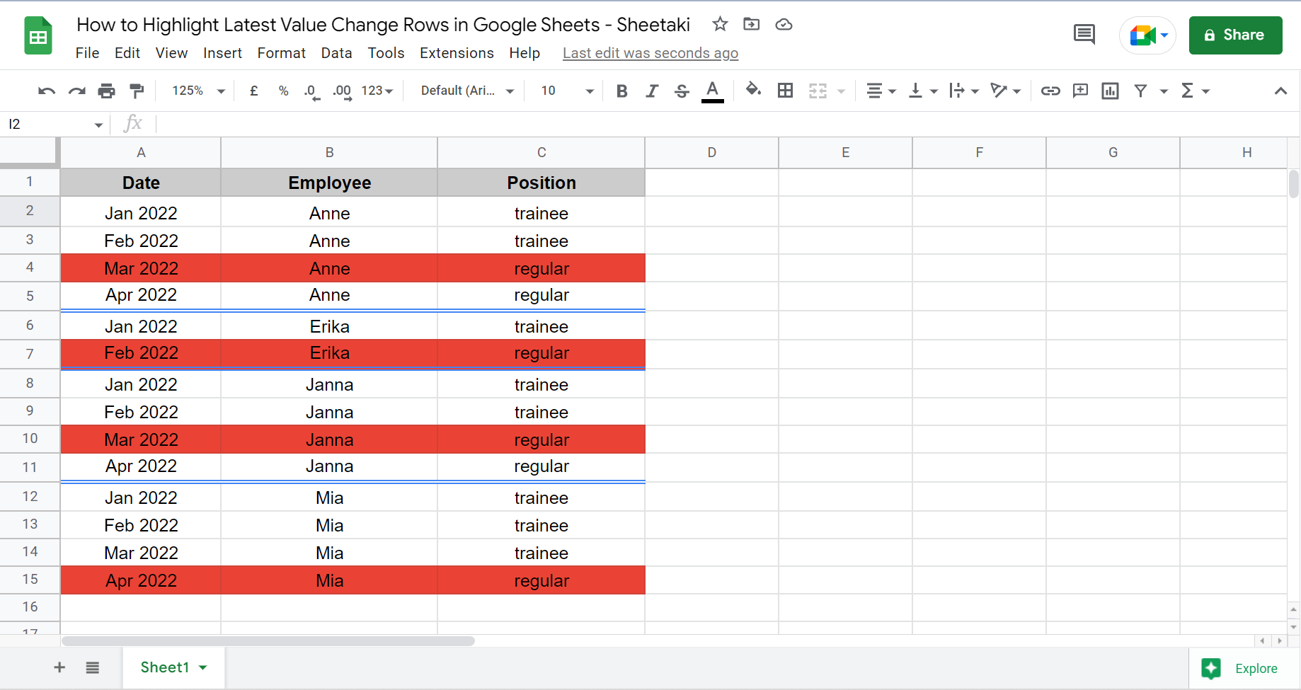 Example spreadsheet with latest value change highlighted