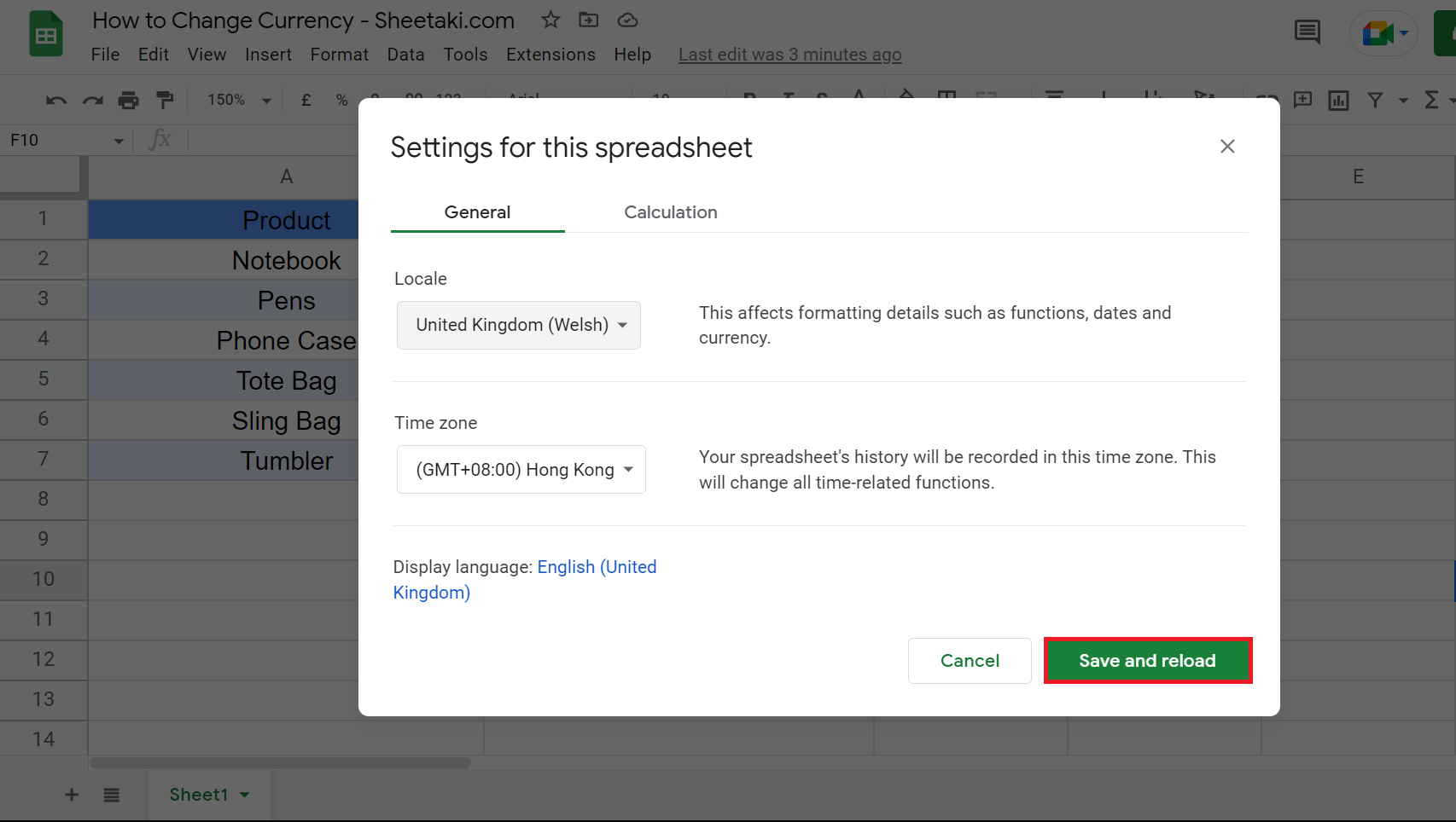 Changing the locale of a spreadsheet