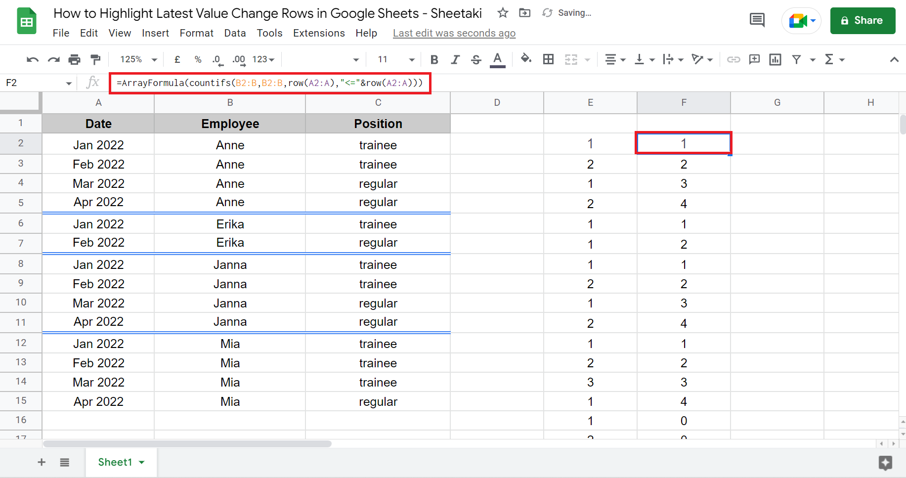 Highlight Latest Value Change Rows in Google Sheets