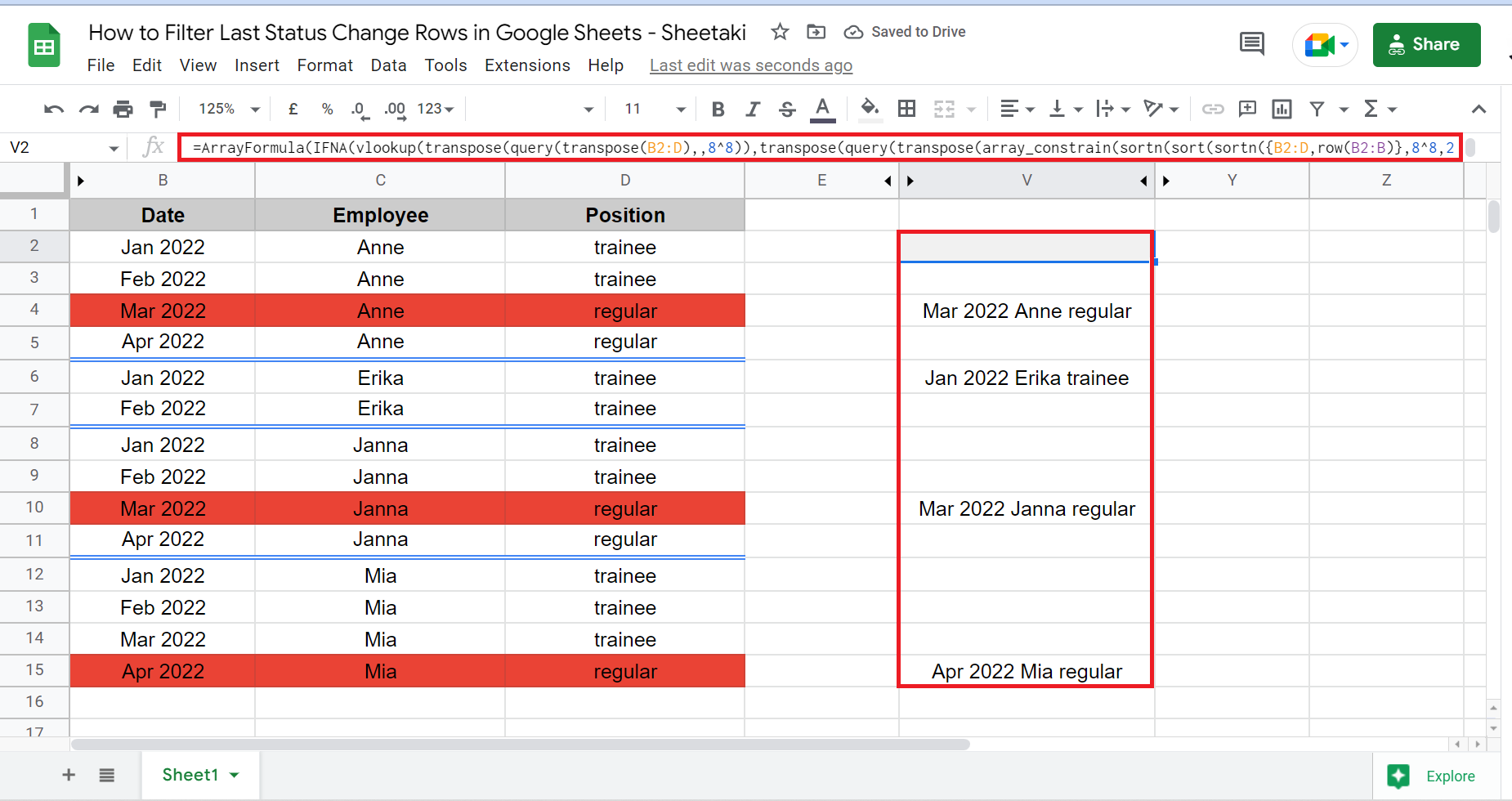 Filter Last Status Change Rows in Google Sheets