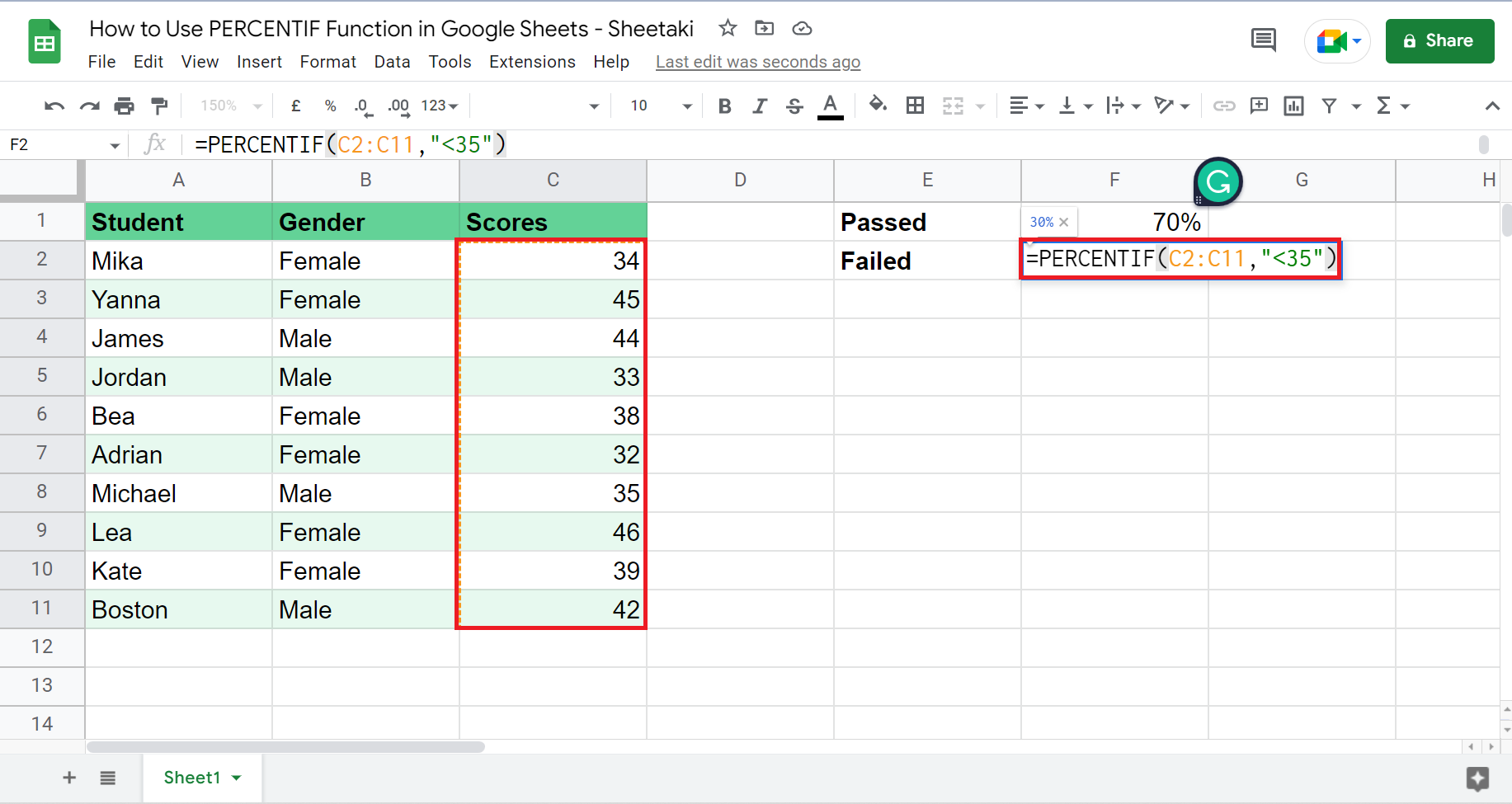 Example for using PERCENTIF function in Google Sheets