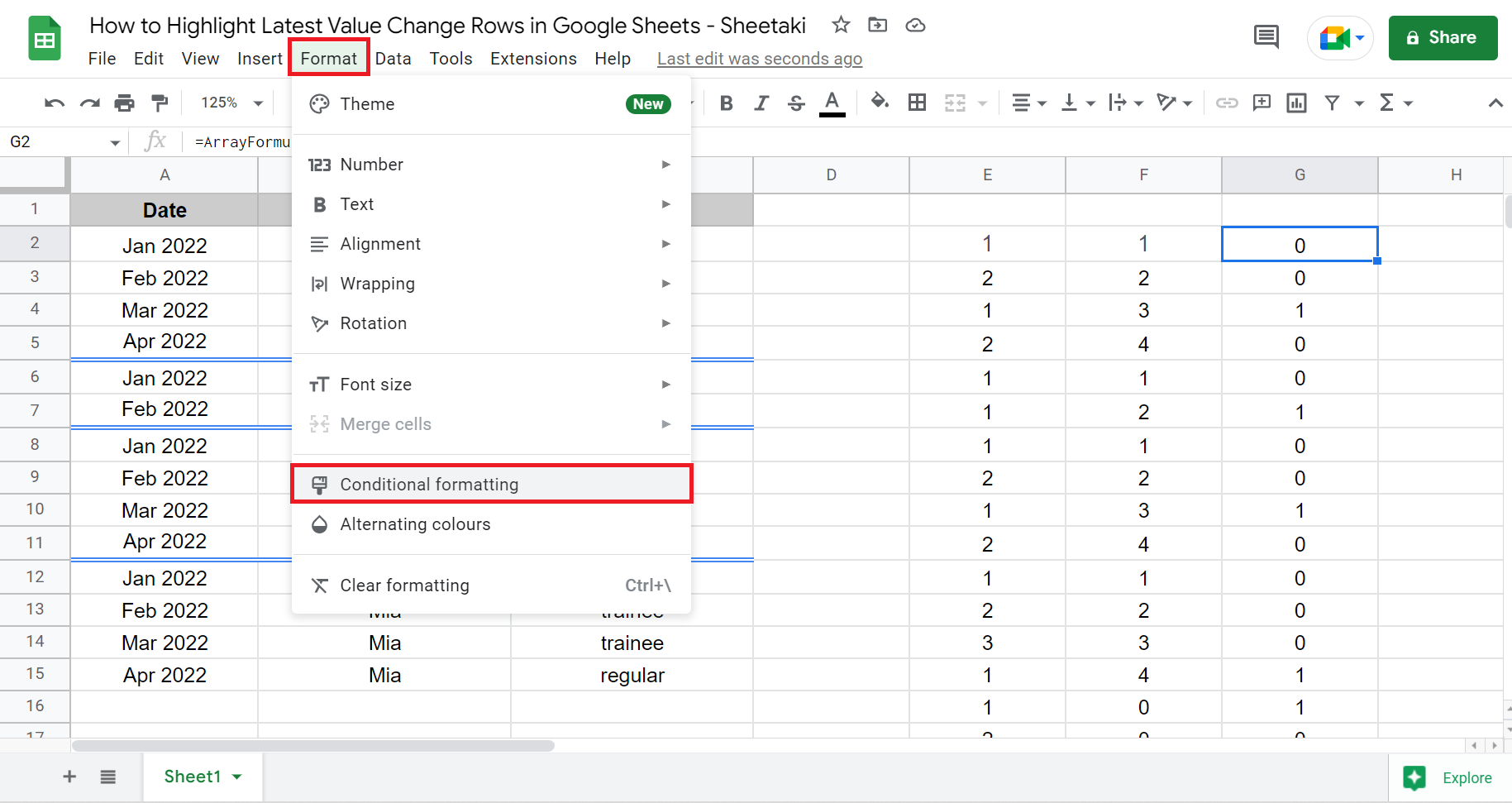Highlight Latest Value Change Rows in Google Sheets