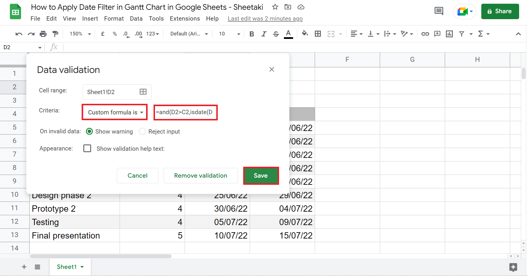 Apply Date Filter in Gantt Chart in Google Sheets