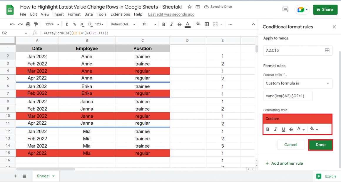 How to Highlight Latest Value Change Rows in Google Sheets Sheetaki