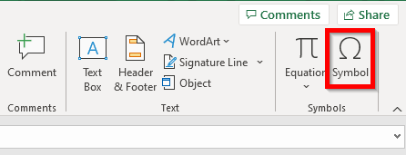 select Symbol icon in Insert tab