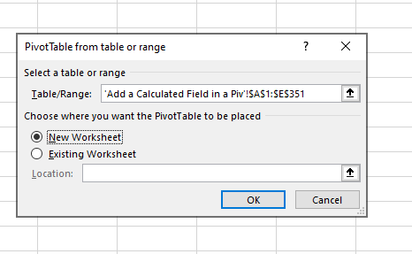 select a table and range to use as the source of the pivot table