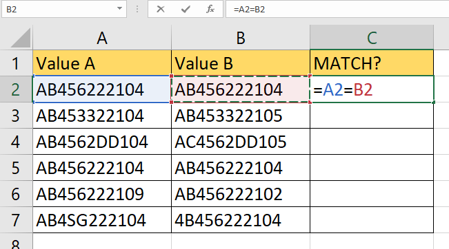 use equal sign to compare two cells in Excel