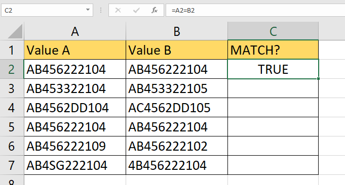 compare two cells in Excel result