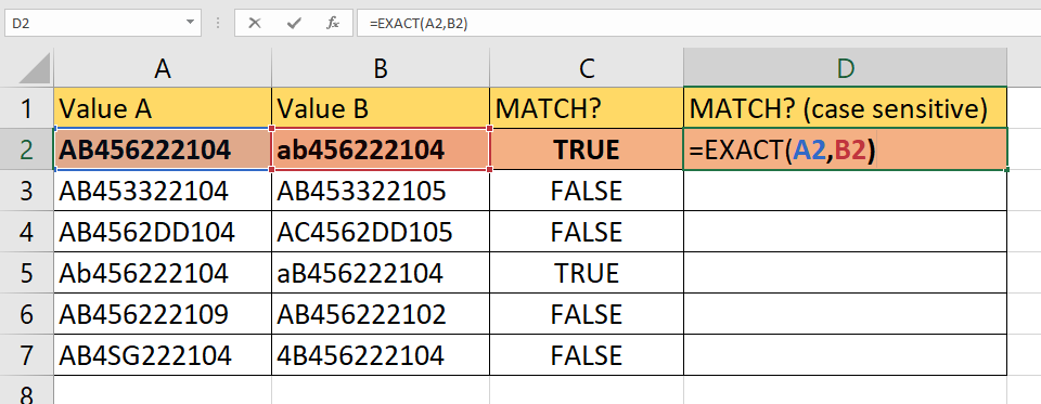 compare two cells in Excel using the EXACT function