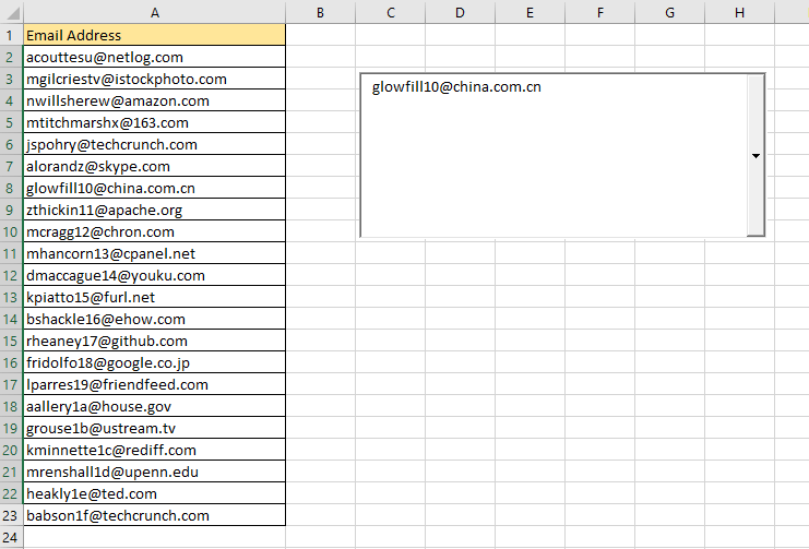 example of combo box with unique values in Excel