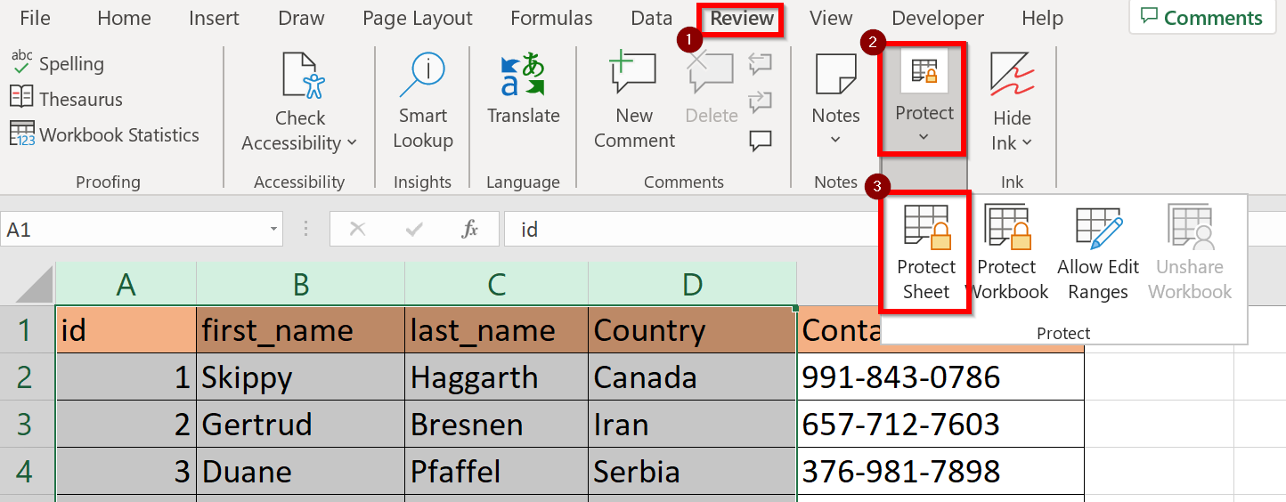 use the Review tab to find the option to protect sheet but allow data entry in Excel