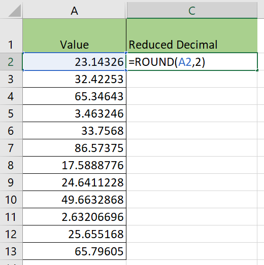 use ROUND function to reduce decimals in Excel