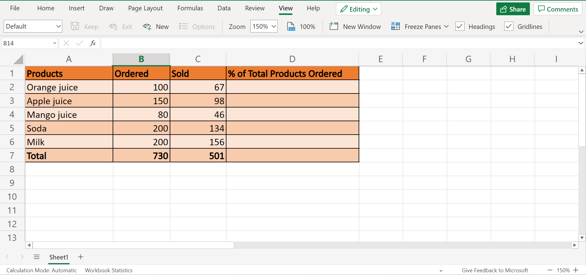 Sample data set for calculating percentage as proportion
