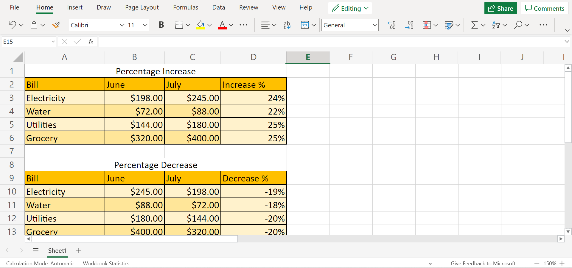 Percentage Increase in Excel