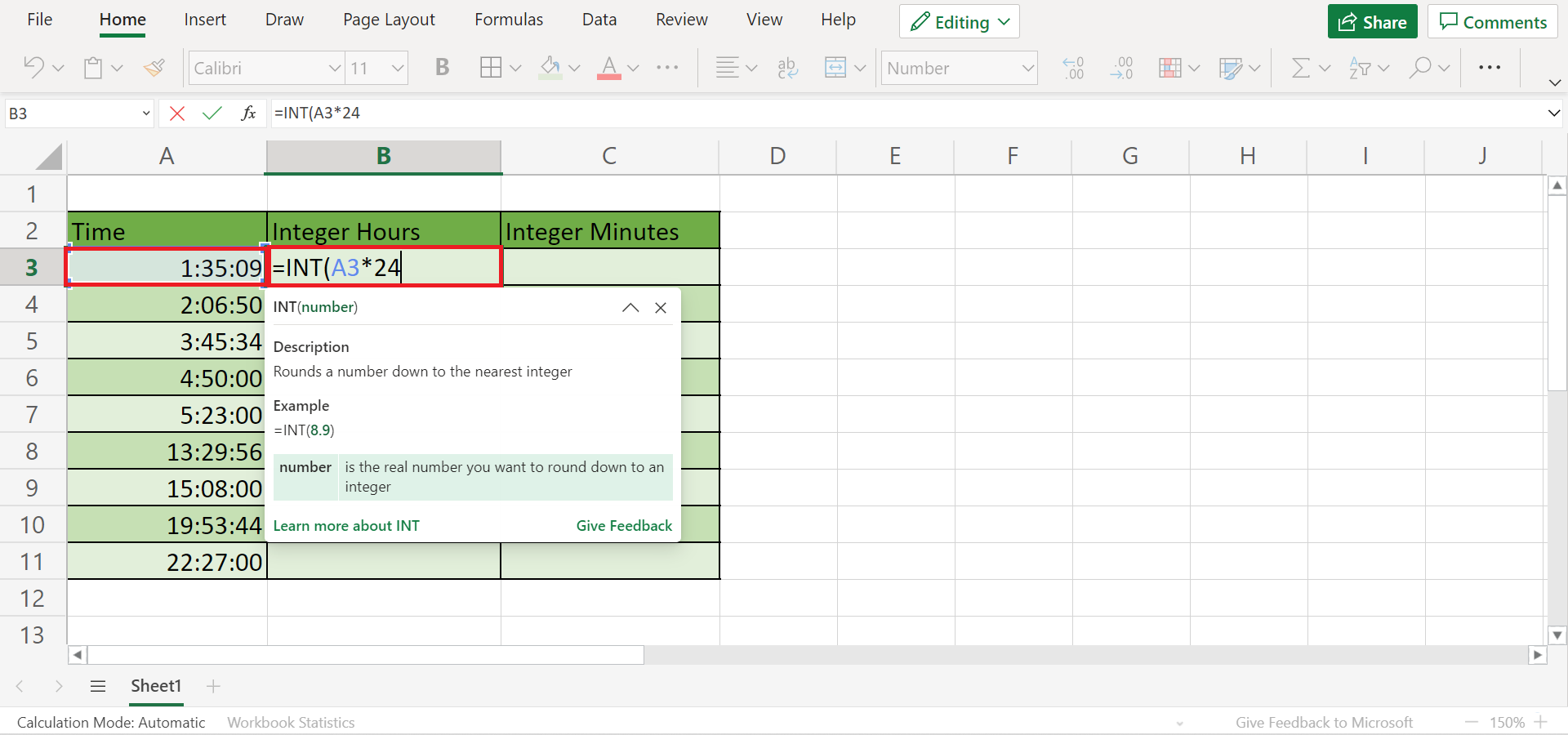 Time to Integer Hours or Minutes in Excel