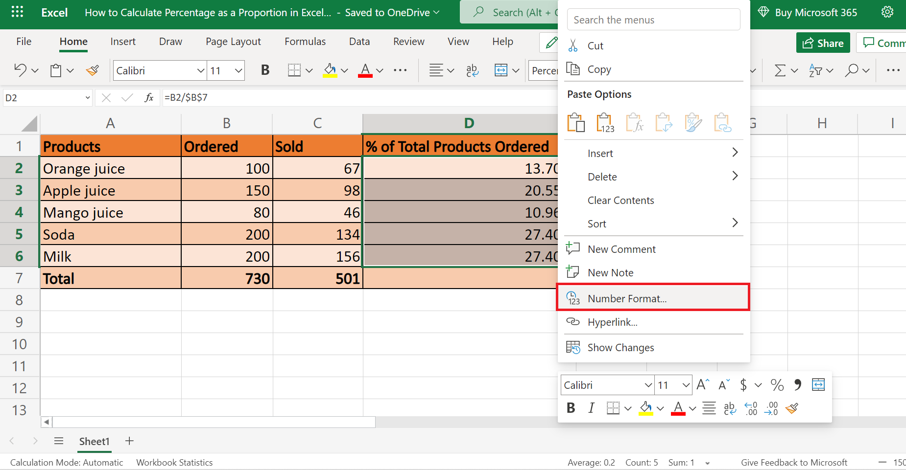 Percentage as Proportion in Excel