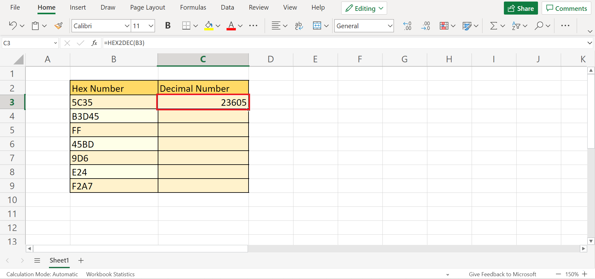 Hex Numbers to Decimal Numbers in Excel