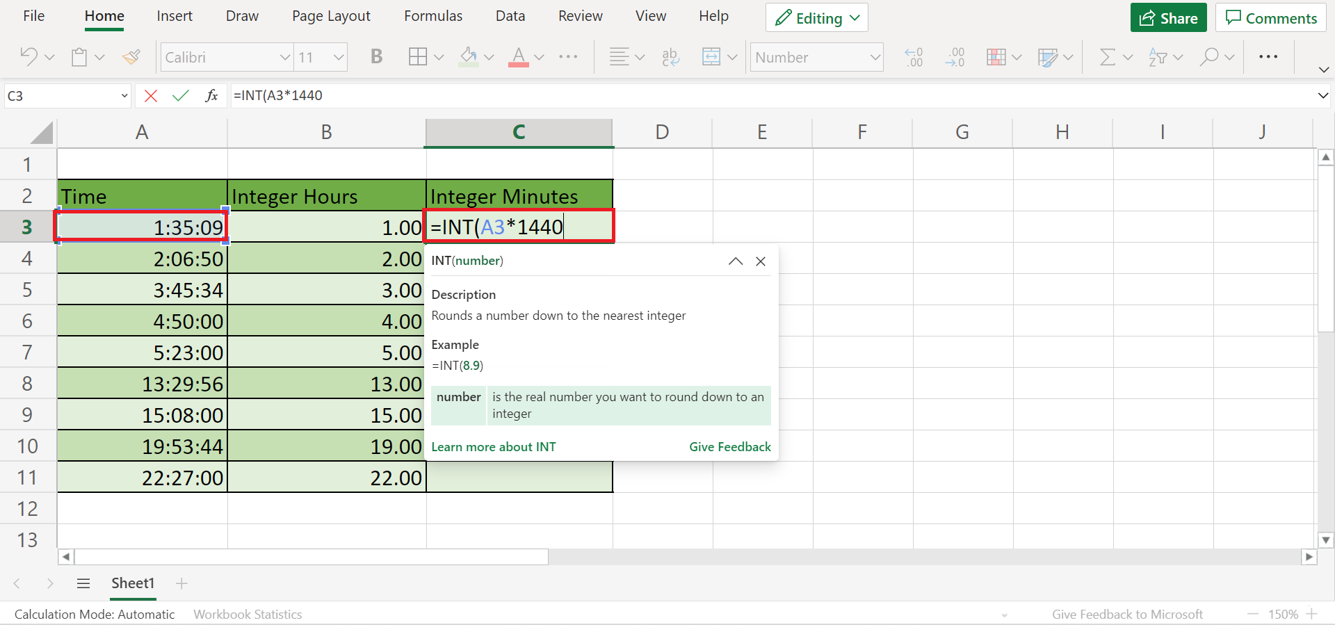 Time to Integer Hours or Minutes in Excel