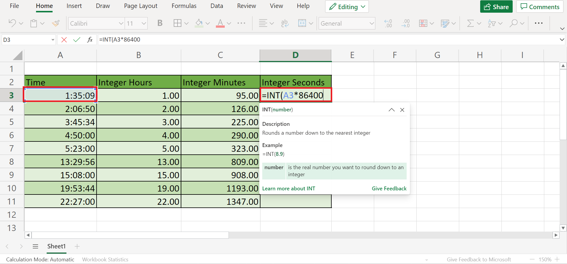 Time to Integer Hours or Minutes in Excel