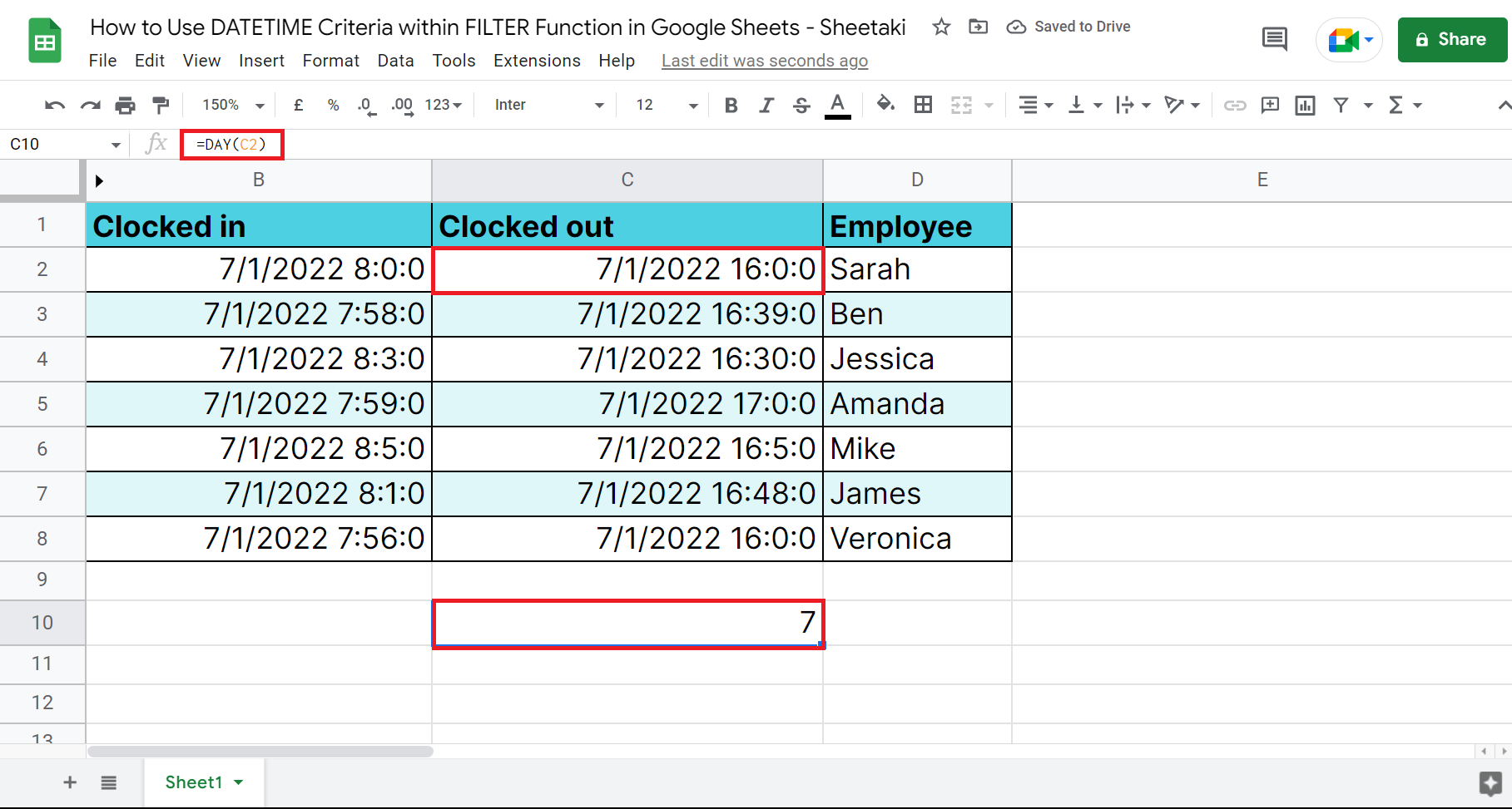 DATETIME Criteria within FILTER Function in Google Sheets