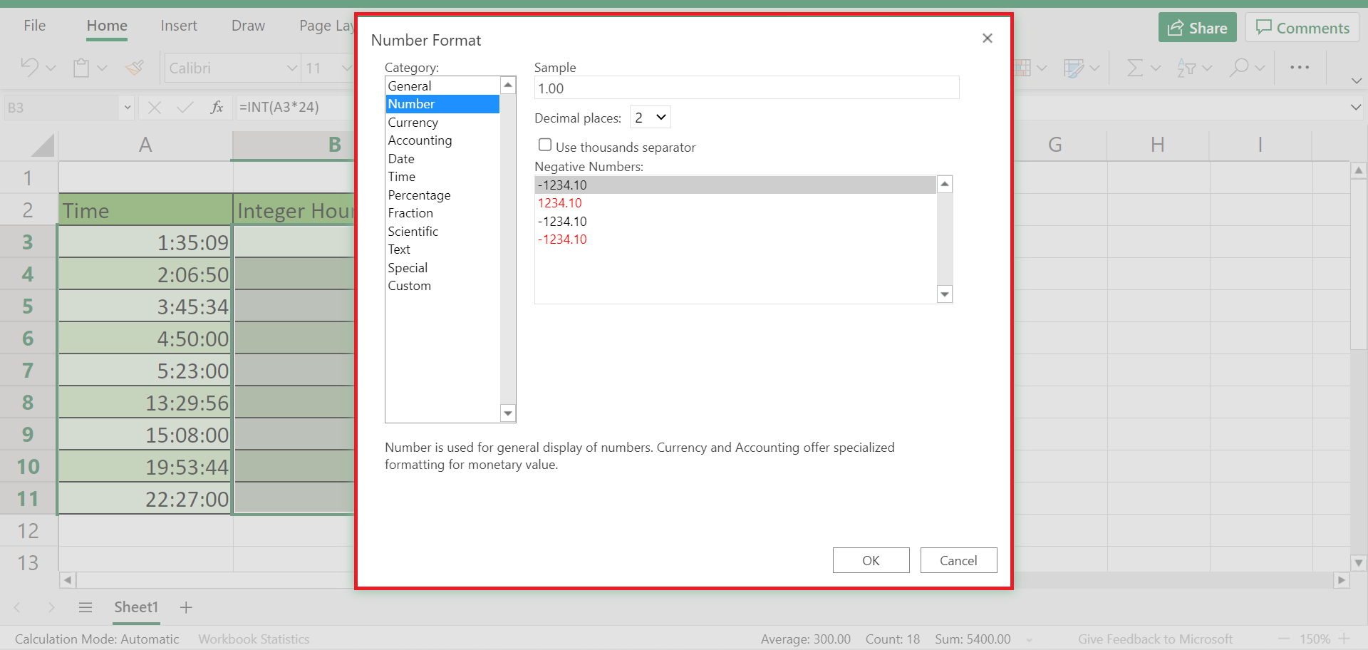 Number format window in Excel