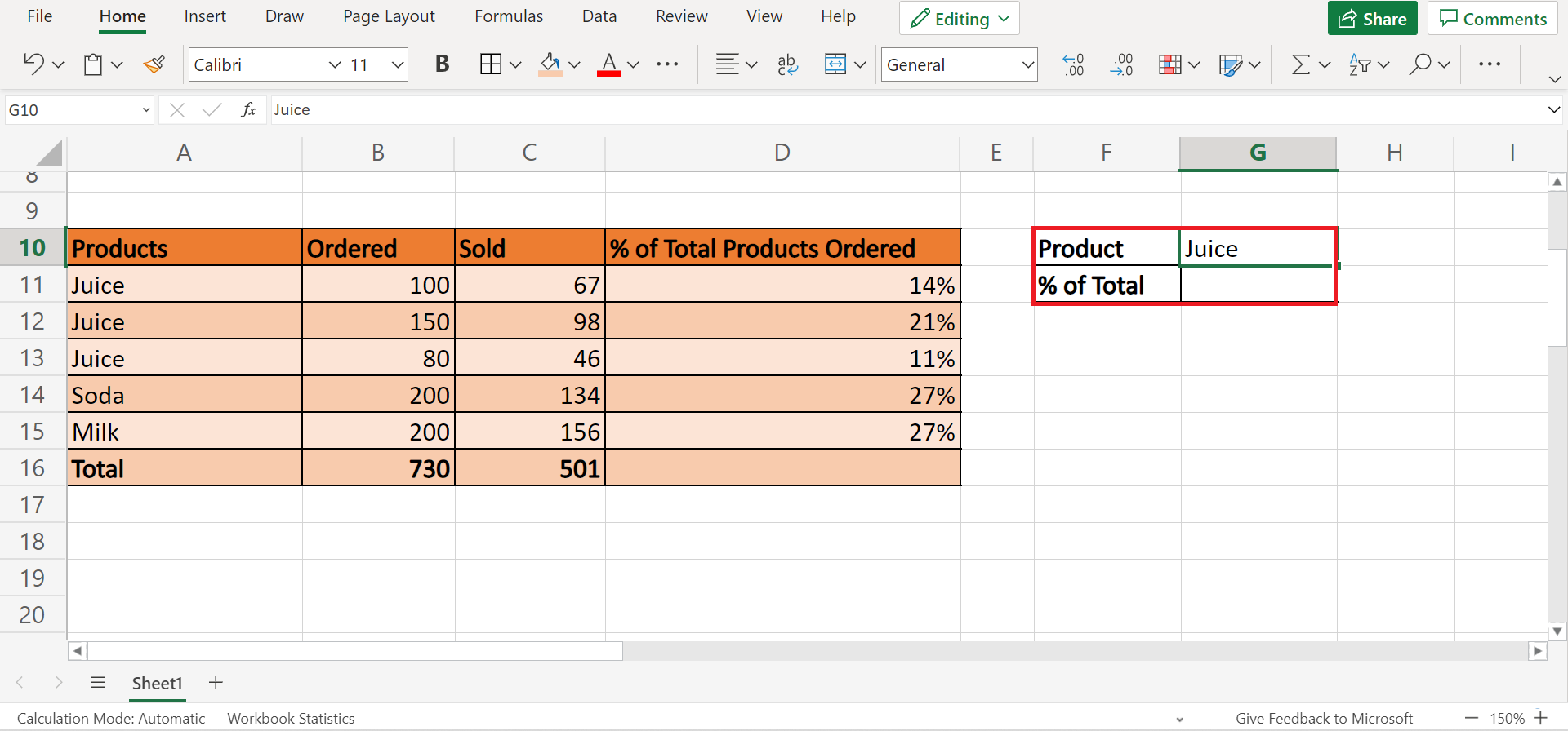 Percentage as Proportion in Excel