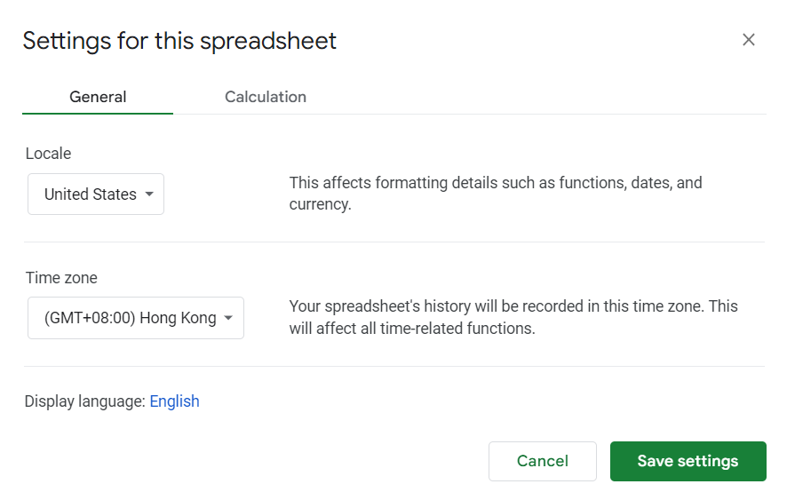 The spreadsheet settings window