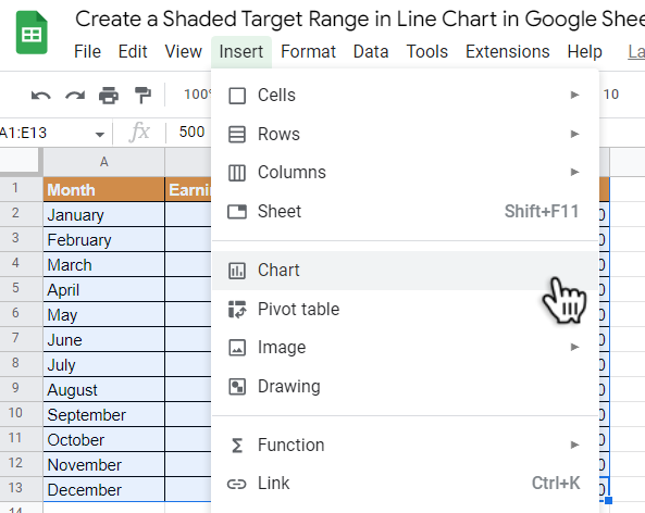 add a chart to the spreadsheet