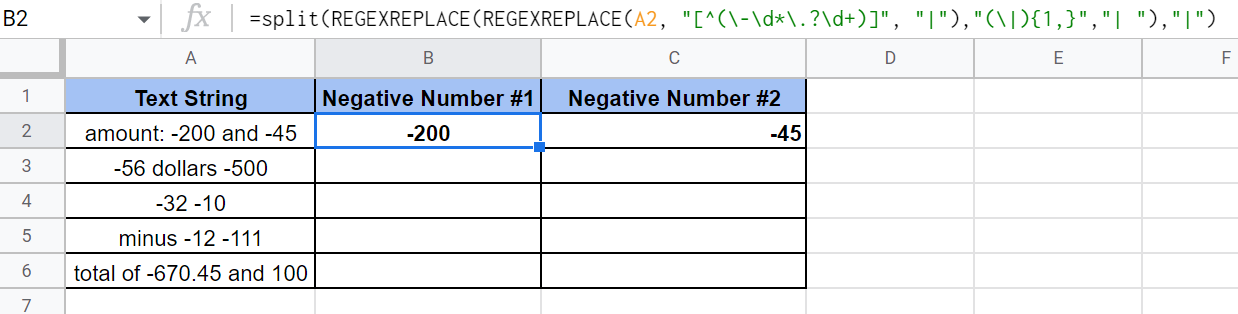 extract multiple negative numbers google sheets using REGEXREPLACE
