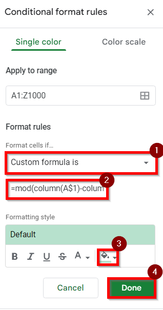 add custom formula to highlight alternate set of N columns in Google Sheets