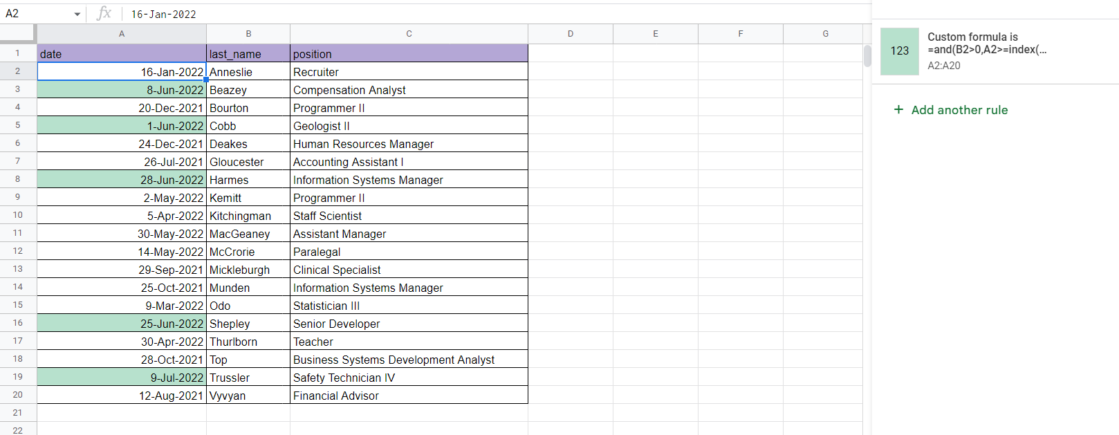 example of highlighting latest N values in Google Sheets