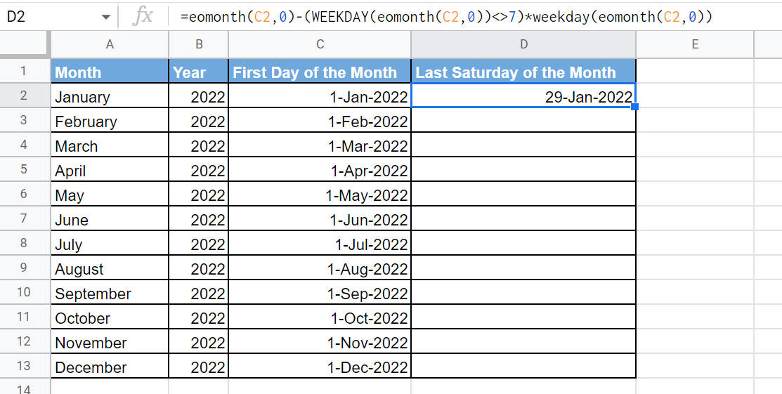 use EOMONTH and WEEKDAY functions to get last saturday