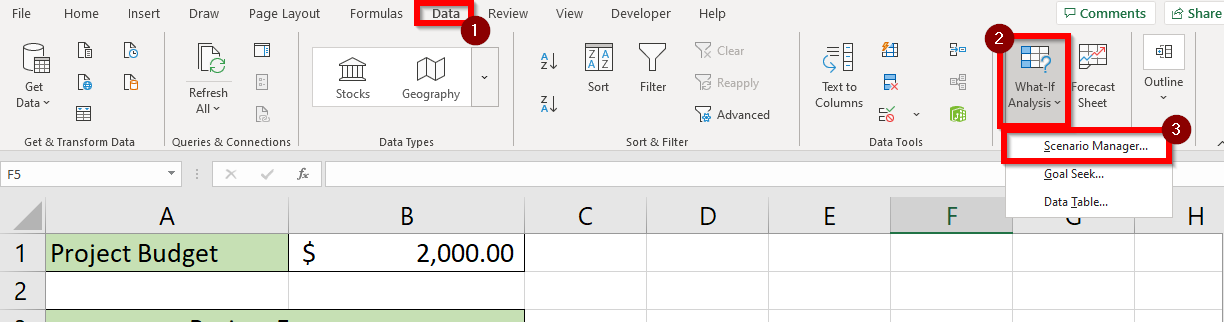 scenario manager in Excel cam be found in Data tab
