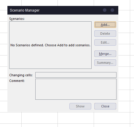Add new scenario in scenario manager in Excel