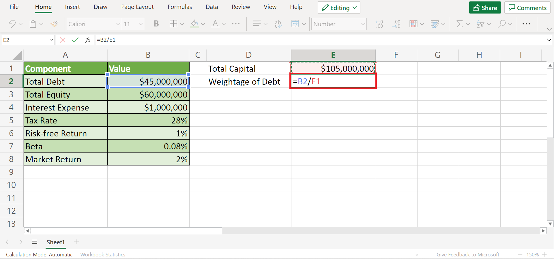 Calculate WACC in Excel