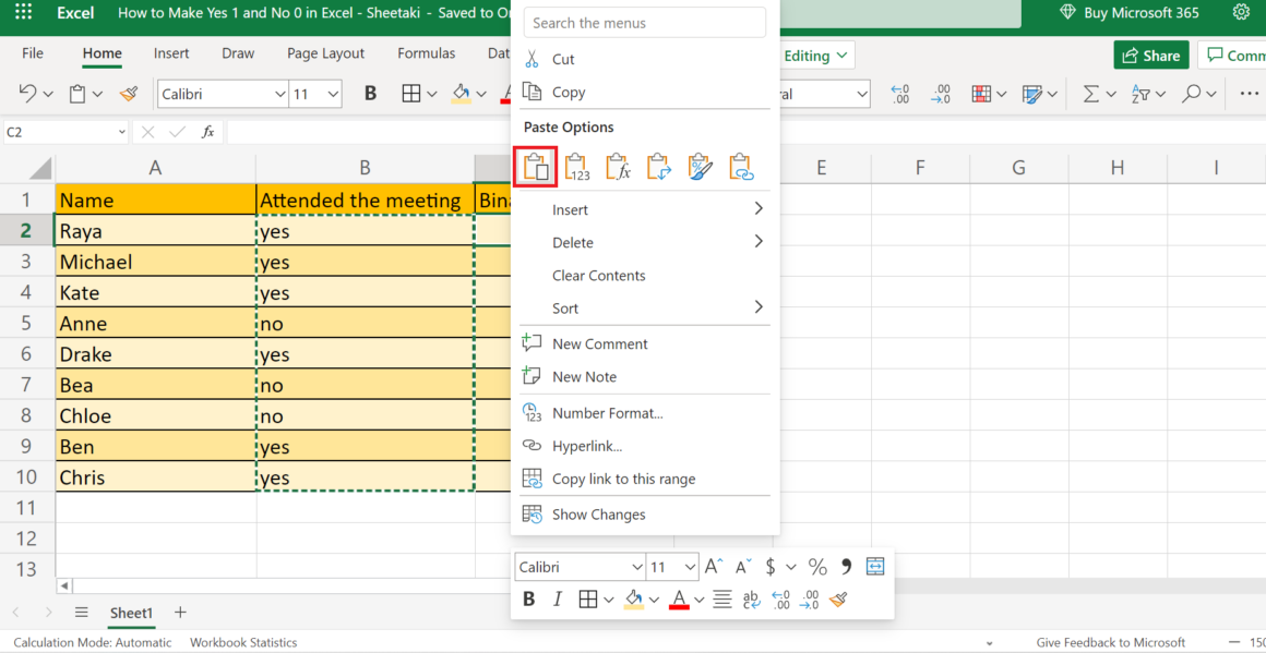 How to Make Yes 1 and No 0 in Excel - Sheetaki