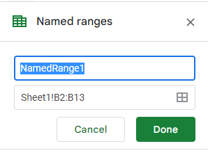 The Named ranges panel of Google Sheets
