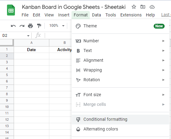Accessing the Conditional formatting feature in Google Sheets