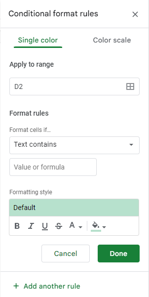 The Conditional format rules panel