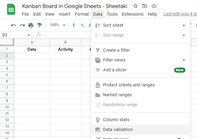 Accessing the Data Validation feature in Google Sheets