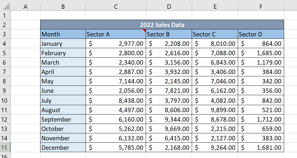 example of excel table with comment