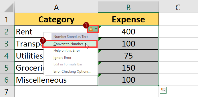 convert to number through Error Checking tool