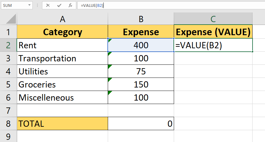 use VALUE function to fix sum formula not working